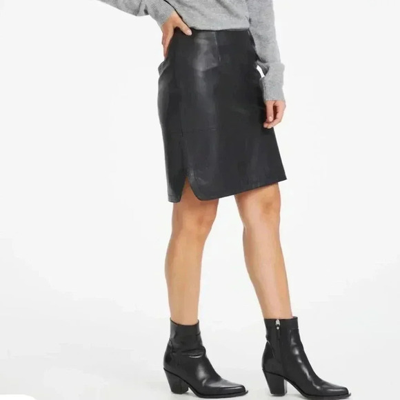 Part Two Ursanas  PW 100%Leather Skirts Sz 6/8 W34 Black Zipper Soft Side Slit - Picture 1 of 11